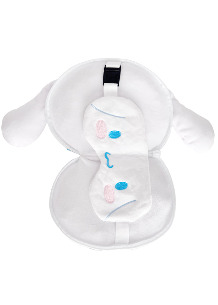 Sanrio Cinnamoroll Big Face Plush Travel Pillow in white with full-front Cinnamoroll face on soft plush travel neck pillow — face detail view
