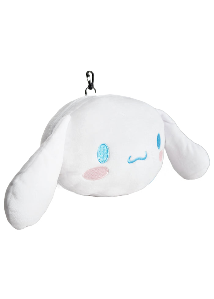 Sanrio Cinnamoroll Big Face Plush Travel Pillow in white with full-front Cinnamoroll face on soft plush travel neck pillow — side view