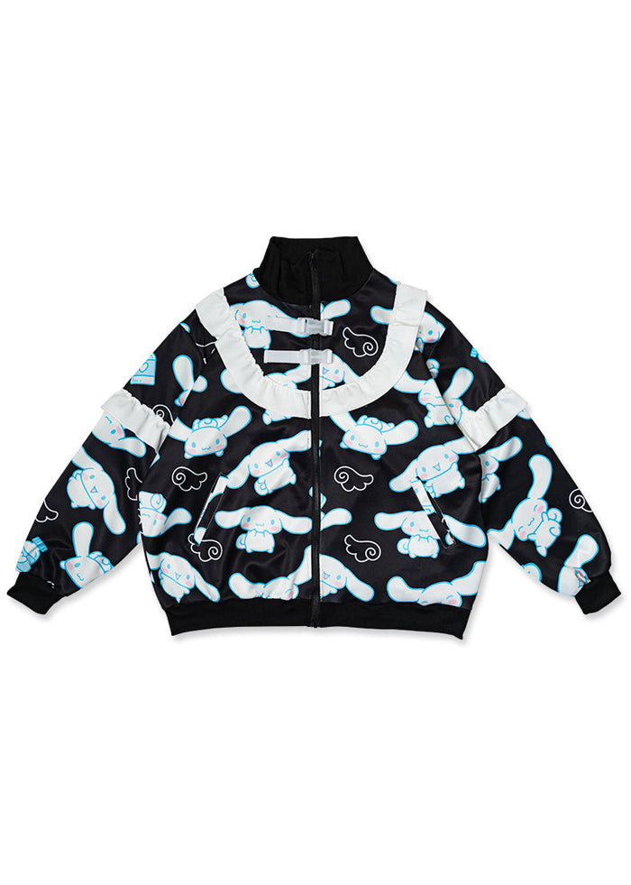 ACDC Rag x Sanrio Cinnamoroll Black Frill Oversized Jacket in black with white ruffle collar on kawaii oversized jacket — front flat lay