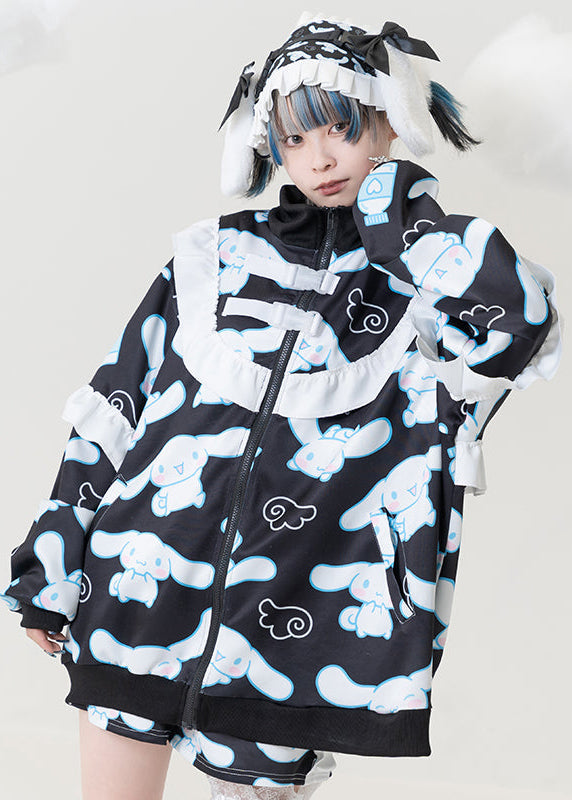 ACDC Rag x Sanrio Cinnamoroll Black Frill Oversized Jacket in black with all-over Cinnamoroll print on kawaii oversized jacket — worn front view