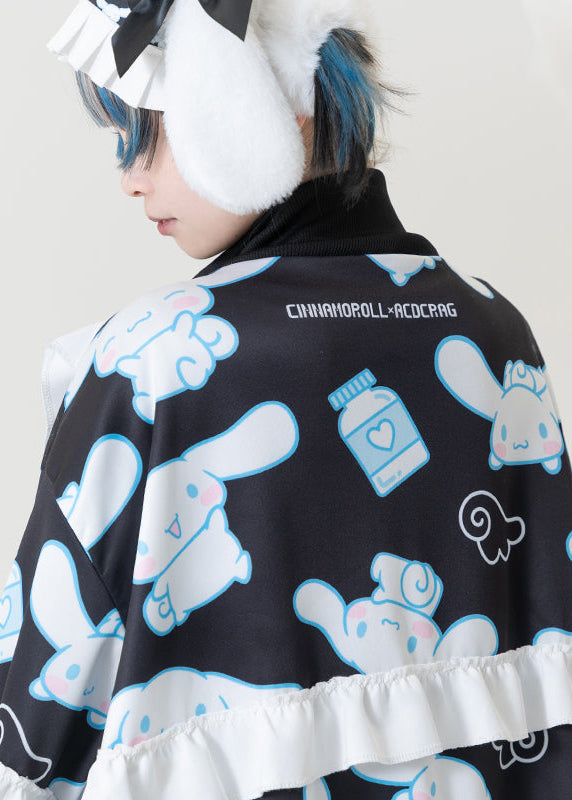 ACDC Rag x Sanrio Cinnamoroll Black Frill Oversized Jacket in black with Cinnamoroll x ACDC Rag embroidered logo on kawaii oversized jacket — worn back view, logo detail