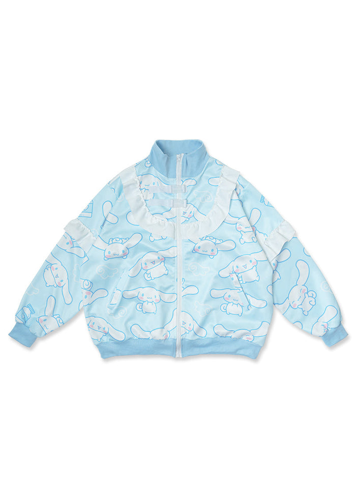 ACDC Rag x Sanrio Cinnamoroll Blue Frill Oversized Jacket in blue with white ruffle collar on kawaii oversized jacket — front flat lay
