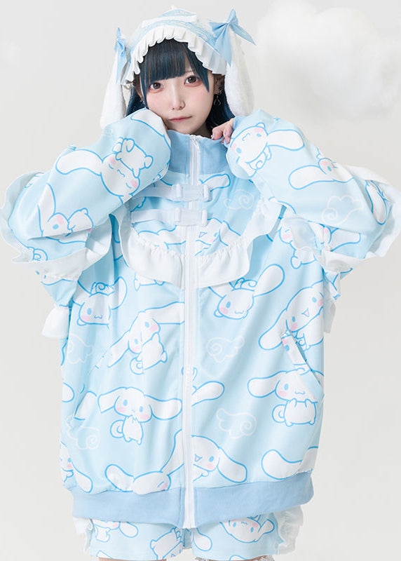 ACDC Rag x Sanrio Cinnamoroll Blue Frill Oversized Jacket in blue with all-over Cinnamoroll print on kawaii oversized jacket — worn front view
