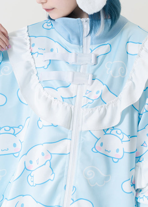 ACDC Rag x Sanrio Cinnamoroll Blue Frill Oversized Jacket in blue with ruffle collar and strap closure on kawaii oversized jacket — collar and strap detail