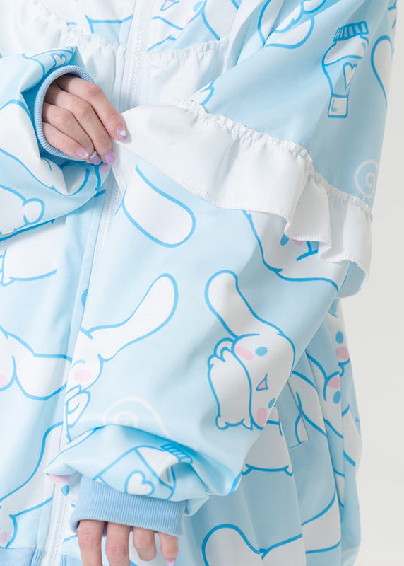 ACDC Rag x Sanrio Cinnamoroll Blue Frill Oversized Jacket in blue with ruffle trim cuffs on kawaii oversized jacket — sleeve ruffle detail