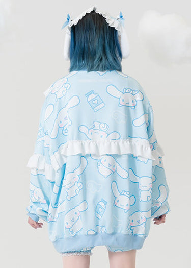 ACDC Rag x Sanrio Cinnamoroll Blue Frill Oversized Jacket in blue with all-over Cinnamoroll print on kawaii oversized jacket — worn back view