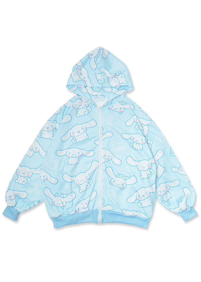 ACDC Rag x Sanrio Cinnamoroll Oversized Zip Up Hoodie in blue with all-over Cinnamoroll print on kawaii zip hoodie — front flat lay