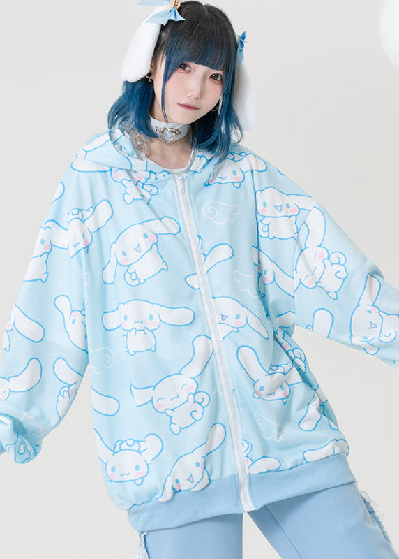 ACDC Rag x Sanrio Cinnamoroll Oversized Zip Up Hoodie in blue with oversized drawstring hood on kawaii zip hoodie — worn front view