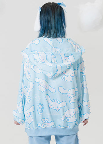 ACDC Rag x Sanrio Cinnamoroll Oversized Zip Up Hoodie in blue with all-over Cinnamoroll print on kawaii zip hoodie — worn back view