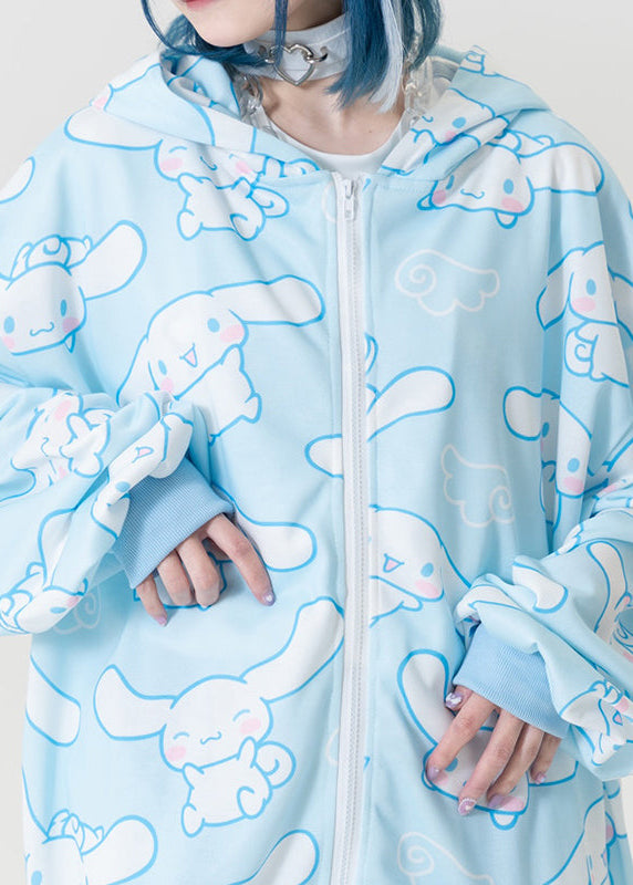 ACDC Rag x Sanrio Cinnamoroll Oversized Zip Up Hoodie in blue with front zip closure on kawaii zip hoodie — zipper and chest detail