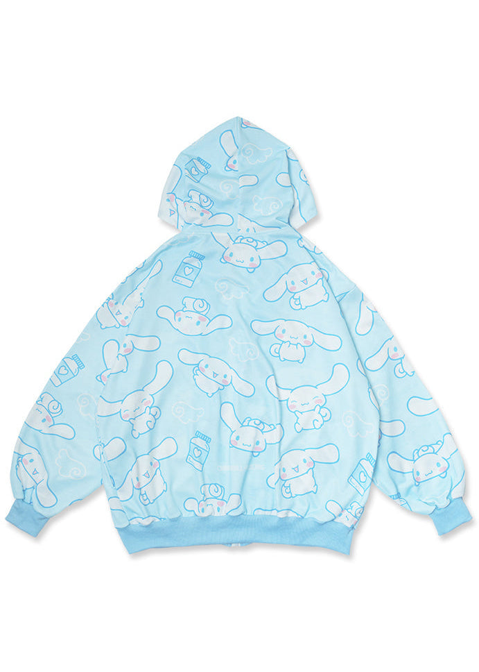 ACDC Rag x Sanrio Cinnamoroll Oversized Zip Up Hoodie in blue with all-over Cinnamoroll print on kawaii zip hoodie — back flat lay