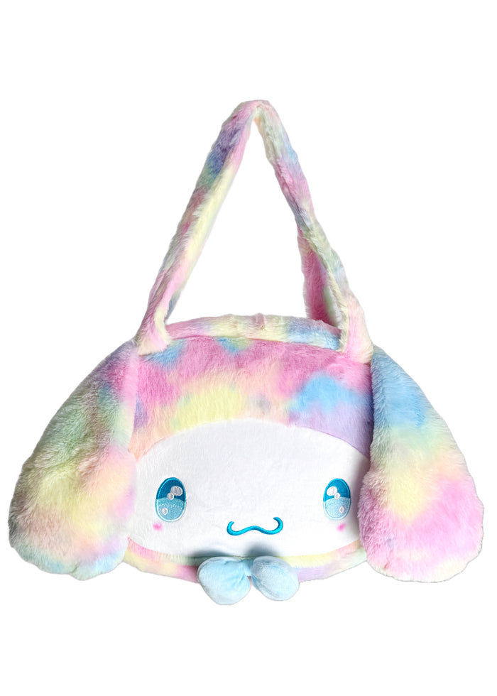 Sanrio Cinnamoroll Pastel Rainbow Anime Eyes Plush Tote in multi with Cinnamoroll face and pastel rainbow anime eyes on plush rave festival tote — front view