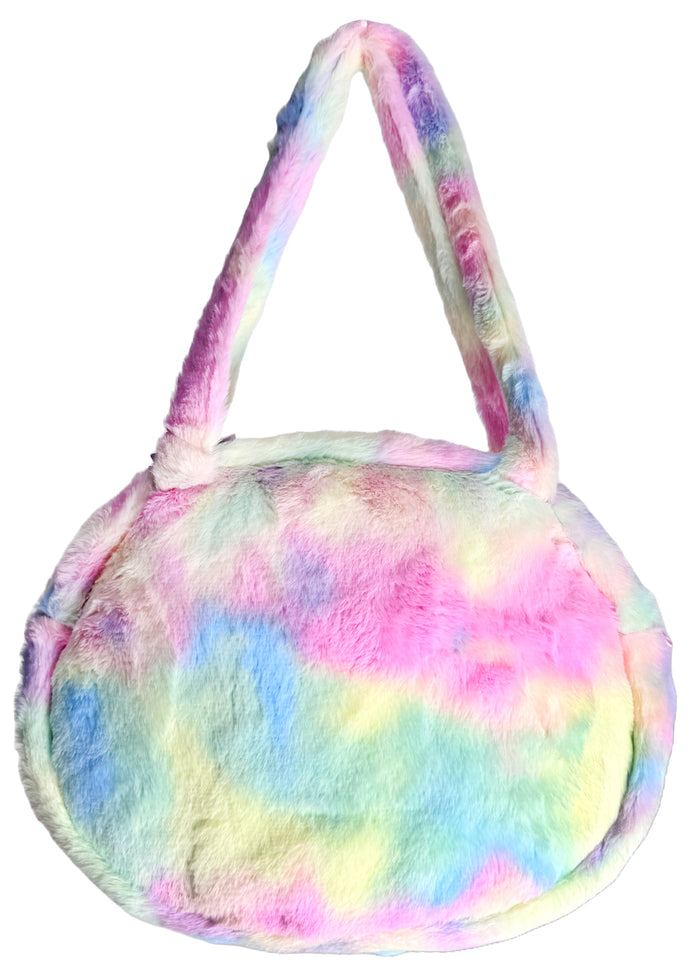 Sanrio Cinnamoroll Pastel Rainbow Anime Eyes Plush Tote in multi with Cinnamoroll face and pastel rainbow anime eyes on plush rave festival tote — back view