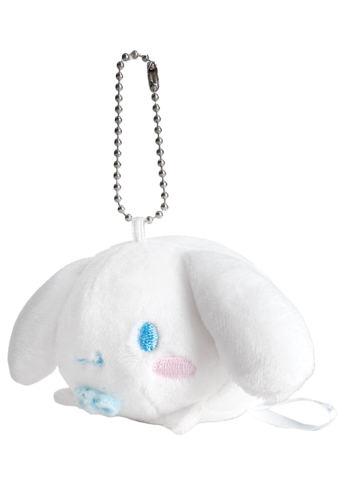 Sanrio Cinnamoroll Plush Mascot Keychain in white with chibi Cinnamoroll plush on soft festival mascot keychain — front view