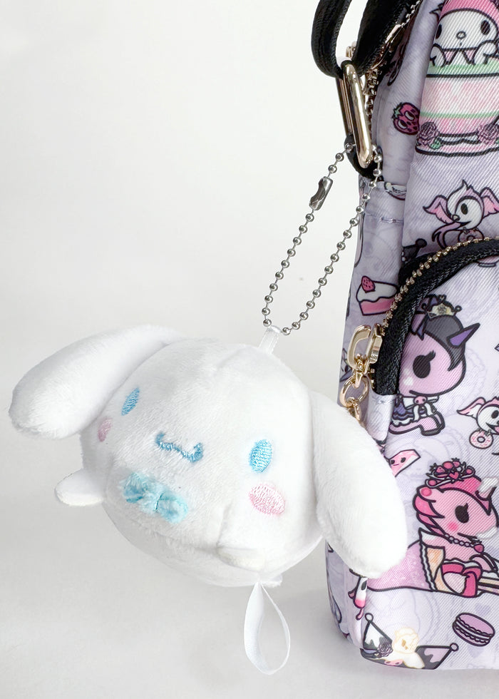 Sanrio Cinnamoroll Plush Mascot Keychain in white with chibi Cinnamoroll plush on soft festival mascot keychain — detail view
