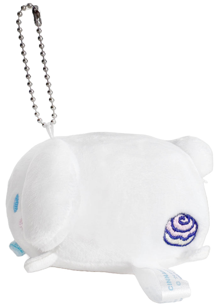 Sanrio Cinnamoroll Plush Mascot Keychain in white with chibi Cinnamoroll plush on soft festival mascot keychain — side view
