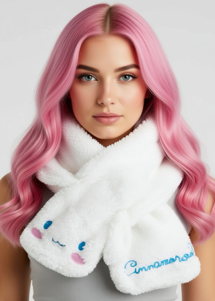 Sanrio Cinnamoroll Plush Muffler Scarf in white with Cinnamoroll plush face on knit muffler rave winter accessory — model view