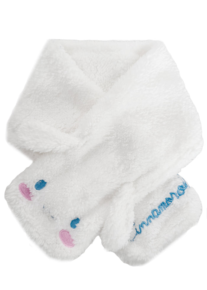Sanrio Cinnamoroll Plush Muffler Scarf in white with Cinnamoroll plush face on knit muffler rave winter accessory — front view
