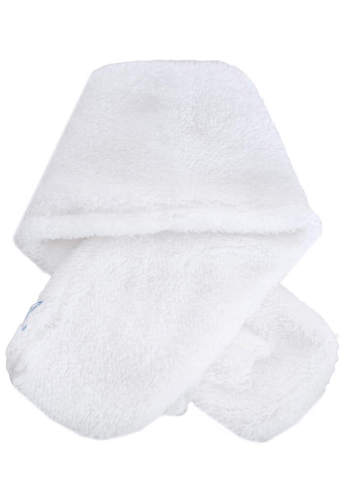 Sanrio Cinnamoroll Plush Muffler Scarf in white with Cinnamoroll plush face on knit muffler rave winter accessory — back view