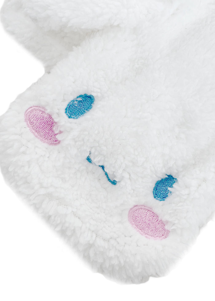 Sanrio Cinnamoroll Plush Muffler Scarf in white with Cinnamoroll plush face on knit muffler rave winter accessory — plush detail view