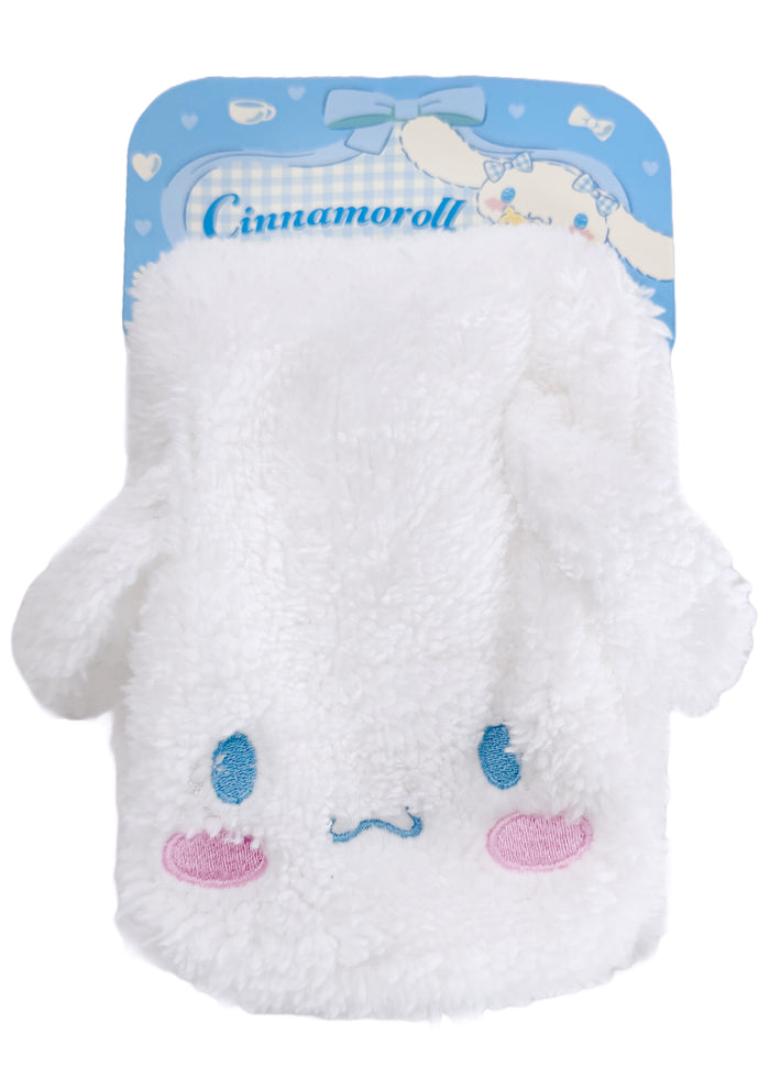 Sanrio Cinnamoroll Plush Muffler Scarf in white with Cinnamoroll plush face on knit muffler rave winter accessory — worn detail view