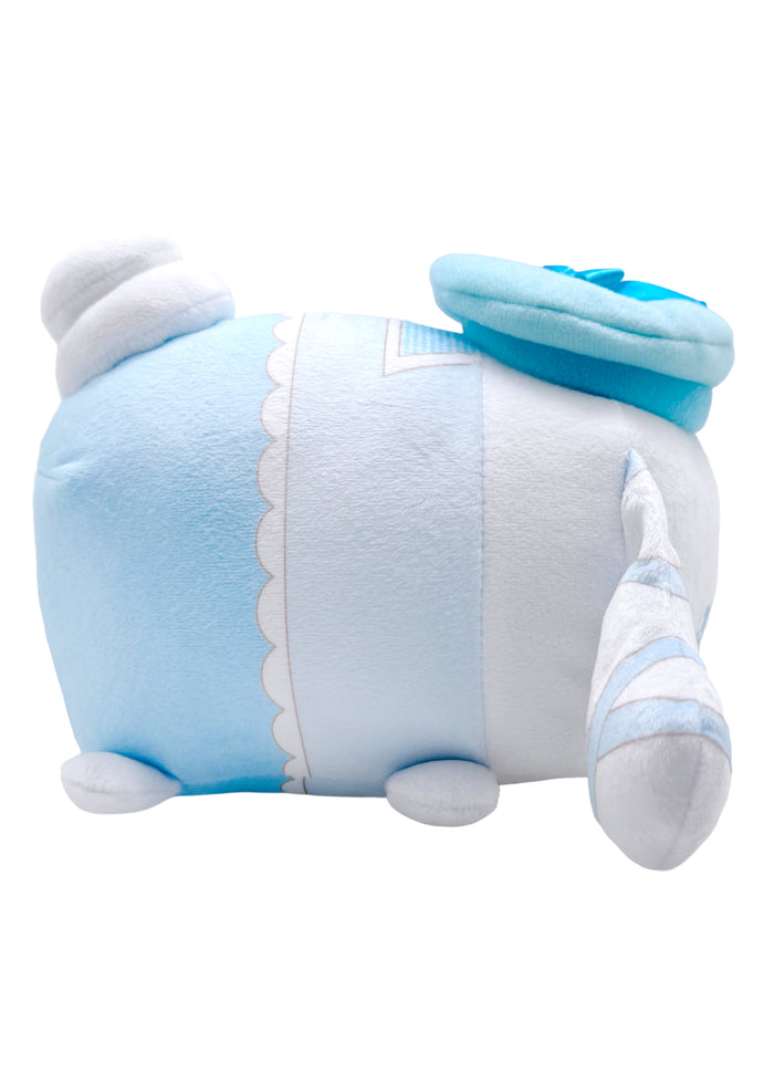 Sanrio Cinnamoroll Potekoro Mascot Lolita Plush Doll (M) in multi with Cinnamoroll in lolita dress costume on medium soft potekoro plush doll — side view