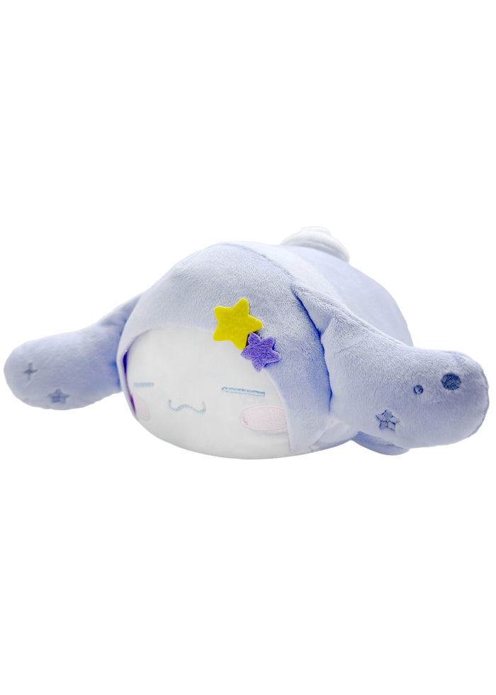 Sanrio Cinnamoroll Potekoro Mascot Suyasuya Plush Doll (M) in lavender with sleeping Cinnamoroll on medium soft potekoro plush doll — front view
