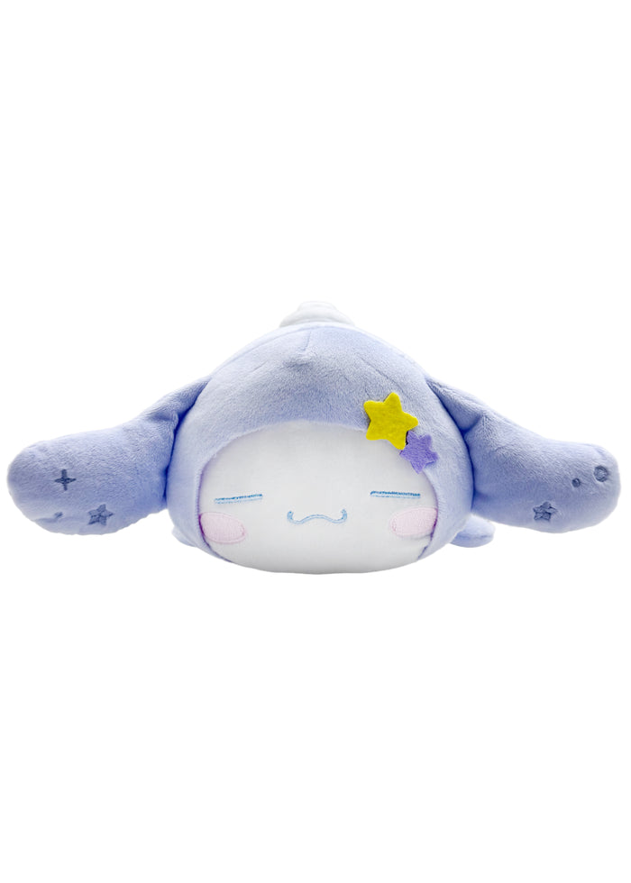 Sanrio Cinnamoroll Potekoro Mascot Suyasuya Plush Doll (M) in lavender with sleeping Cinnamoroll on medium soft potekoro plush doll — flat front view