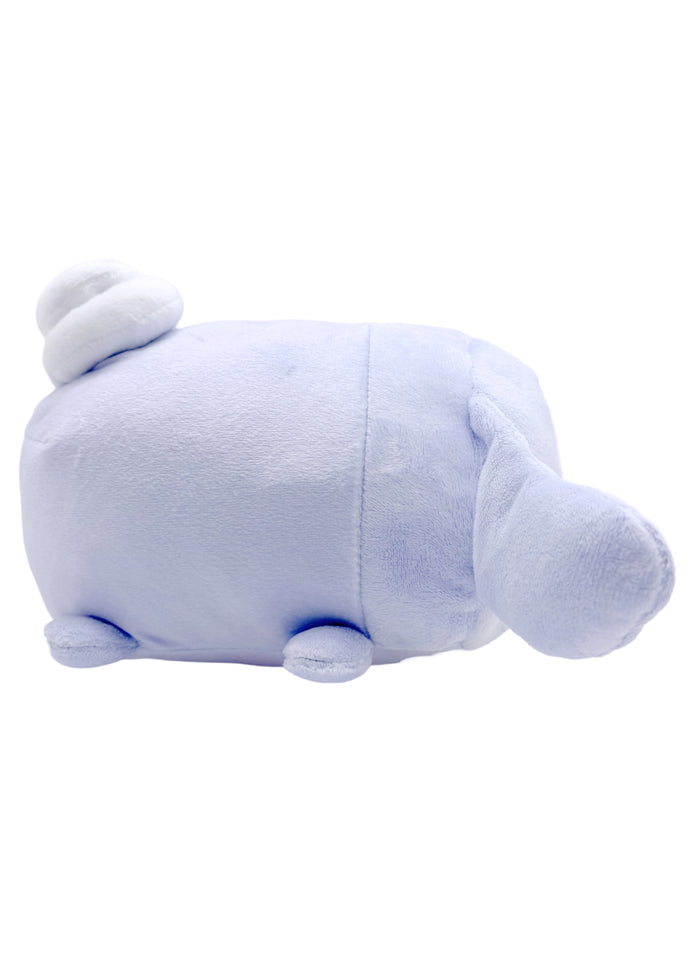 Sanrio Cinnamoroll Potekoro Mascot Suyasuya Plush Doll (M) in lavender with sleeping Cinnamoroll on medium soft potekoro plush doll — side view