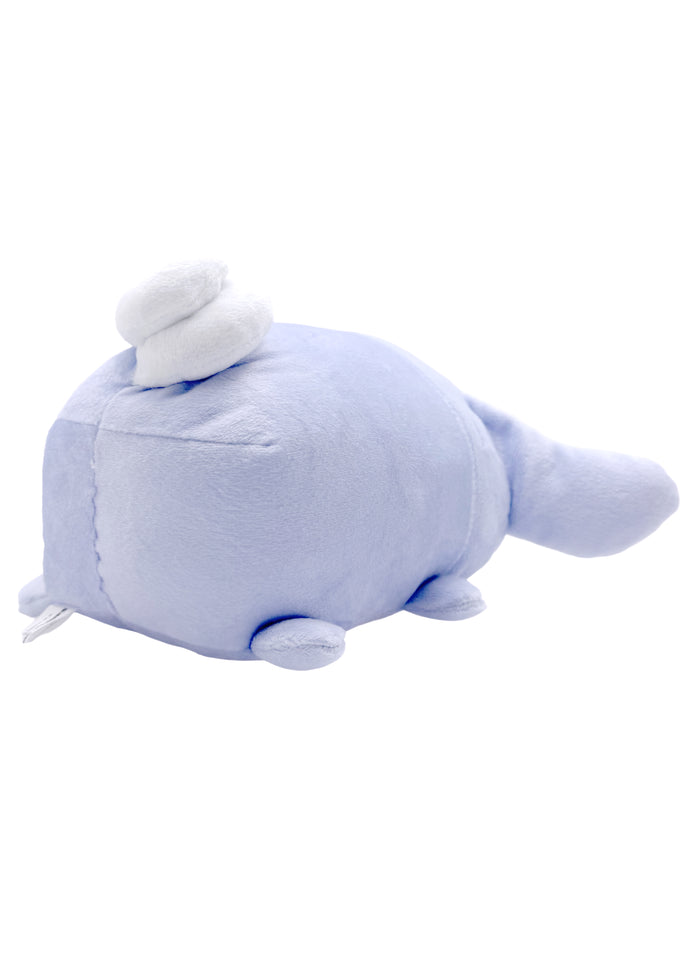 Sanrio Cinnamoroll Potekoro Mascot Suyasuya Plush Doll (M) in lavender with sleeping Cinnamoroll on medium soft potekoro plush doll — back view