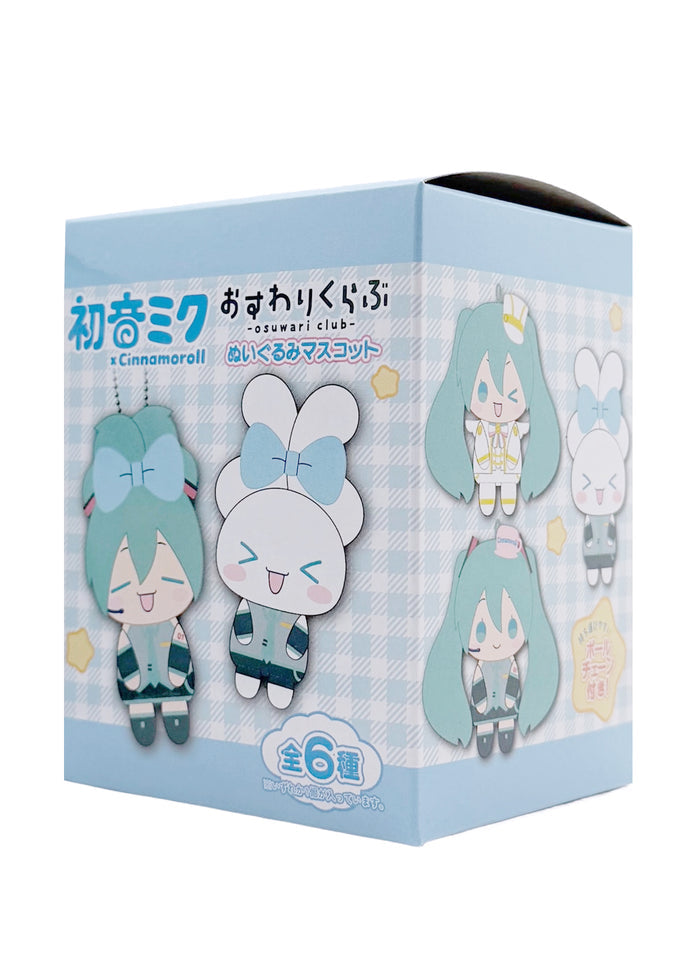 Sanrio Cinnamoroll x Hatsune Miku Osuwari Club Plush Mascot Blind Box in multi with surprise Cinnamoroll x Miku sitting club plush mascot — front view