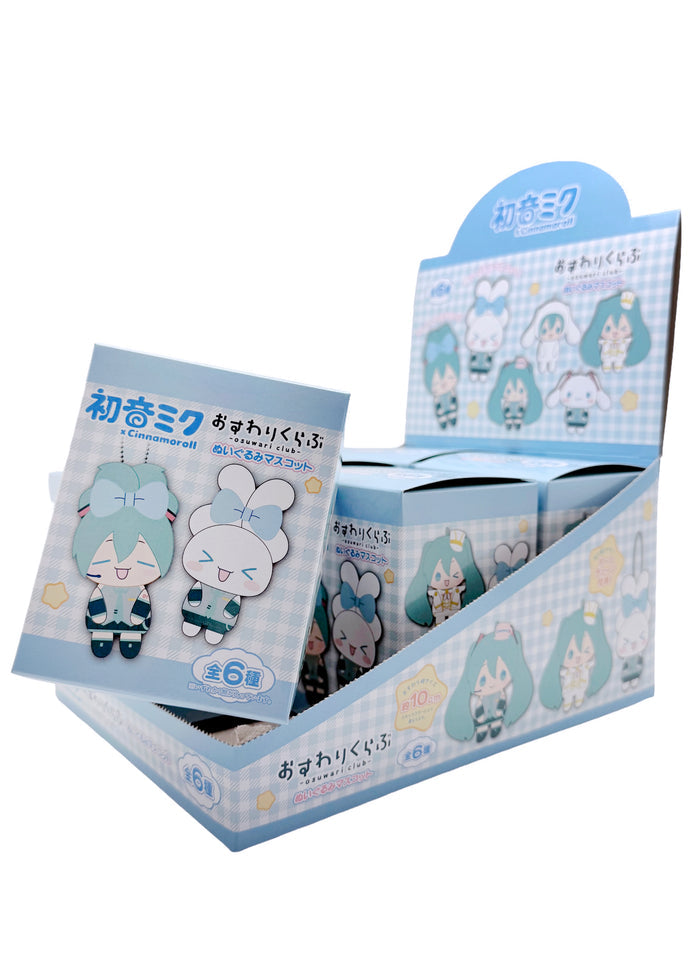 Sanrio Cinnamoroll x Hatsune Miku Osuwari Club Plush Mascot Blind Box in multi with surprise Cinnamoroll x Miku sitting club plush mascot — box back view