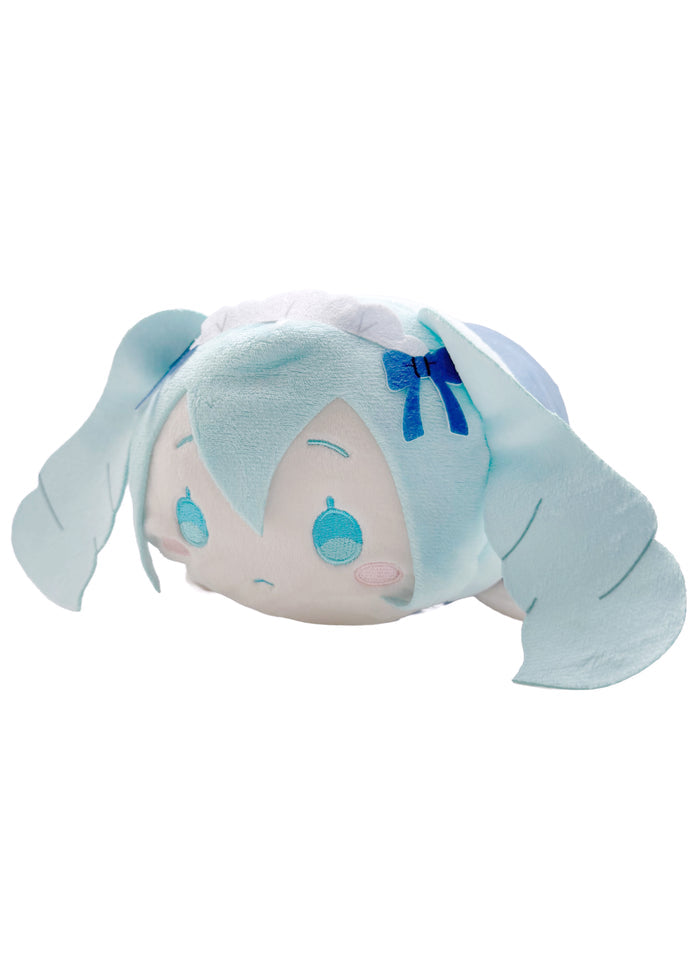 Sanrio Cinnamoroll x Hatsune Miku Potekoro V3 Miku Maid Plush Doll (M) in multi with Cinnamoroll dressed as Hatsune Miku maid on medium soft potekoro plush doll — side view