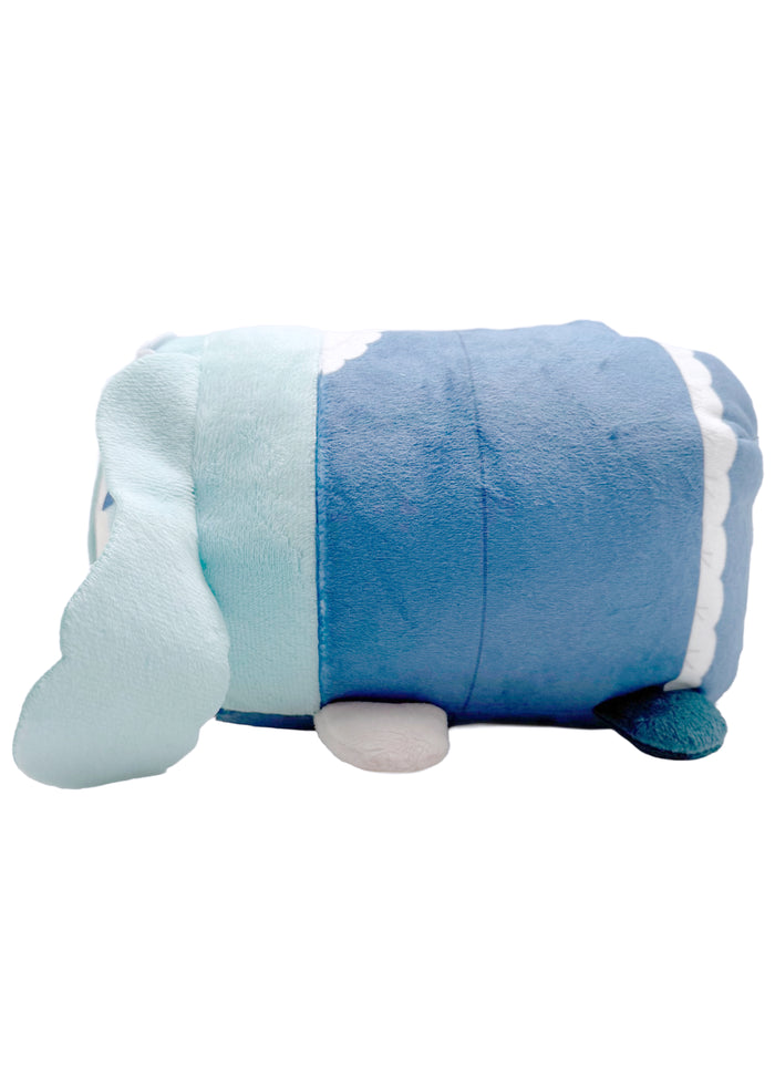 Sanrio Cinnamoroll x Hatsune Miku Potekoro V3 Miku Maid Plush Doll (M) in multi with Cinnamoroll dressed as Hatsune Miku maid on medium soft potekoro plush doll — side view 2