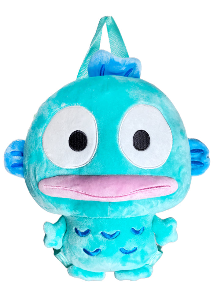 Sanrio Hangyodon 3D Plush Backpack in blue with 3D shaped Hangyodon plush on kawaii rave festival backpack — front view