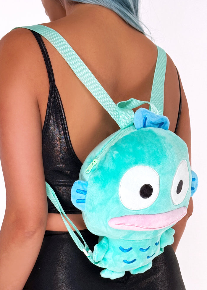 Sanrio Hangyodon 3D Plush Backpack in blue with 3D shaped Hangyodon plush on kawaii rave festival backpack — model side view