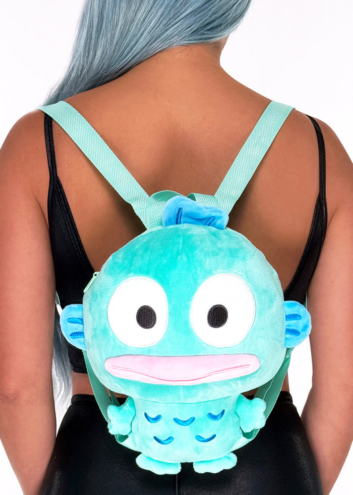 Sanrio Hangyodon 3D Plush Backpack in blue with 3D shaped Hangyodon plush on kawaii rave festival backpack — model front view