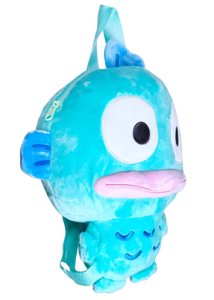 Sanrio Hangyodon 3D Plush Backpack in blue with 3D shaped Hangyodon plush on kawaii rave festival backpack — side view