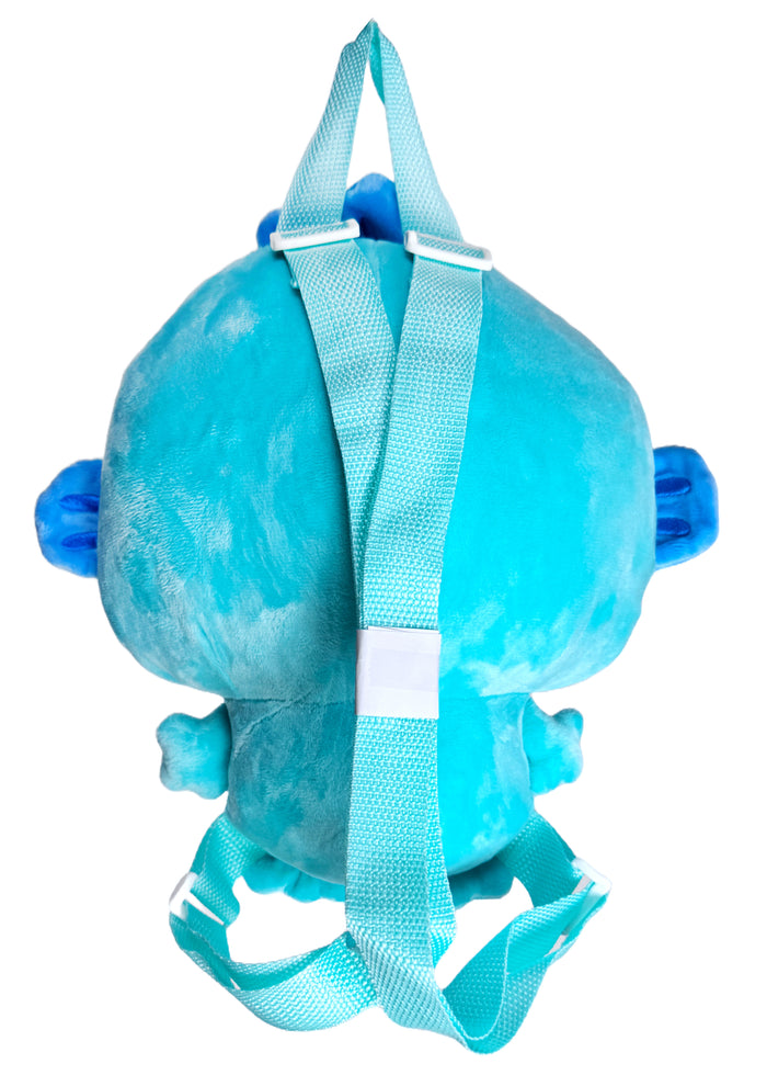 Sanrio Hangyodon 3D Plush Backpack in blue with 3D shaped Hangyodon plush on kawaii rave festival backpack — back view