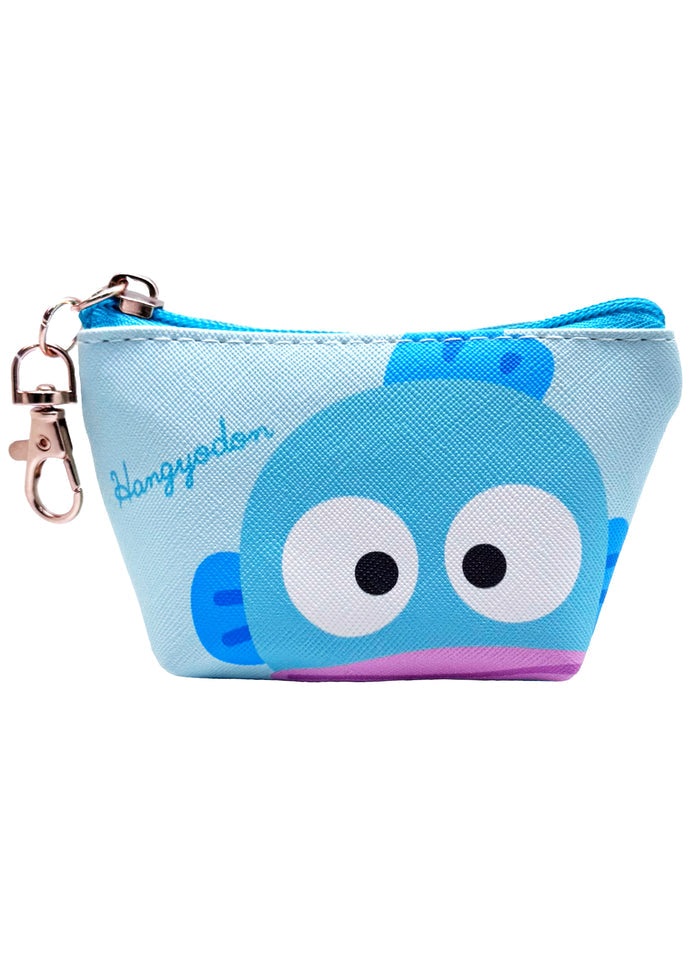 Sanrio Hangyodon Big Face Mini Coin Pouch in blue with full-front Hangyodon face on soft plush mini coin pouch — front view