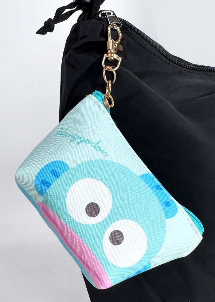 Sanrio Hangyodon Big Face Mini Coin Pouch in blue with full-front Hangyodon face on soft plush mini coin pouch — detail view