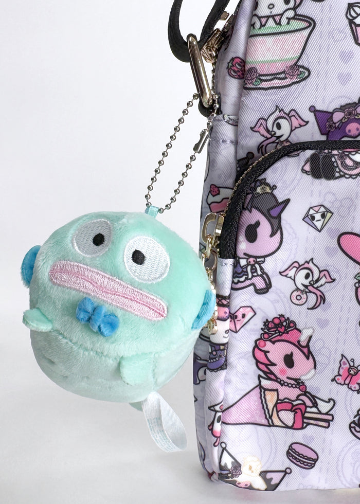 Sanrio Hangyodon Plush Mascot Keychain in blue with chibi Hangyodon plush on soft festival mascot keychain — detail view