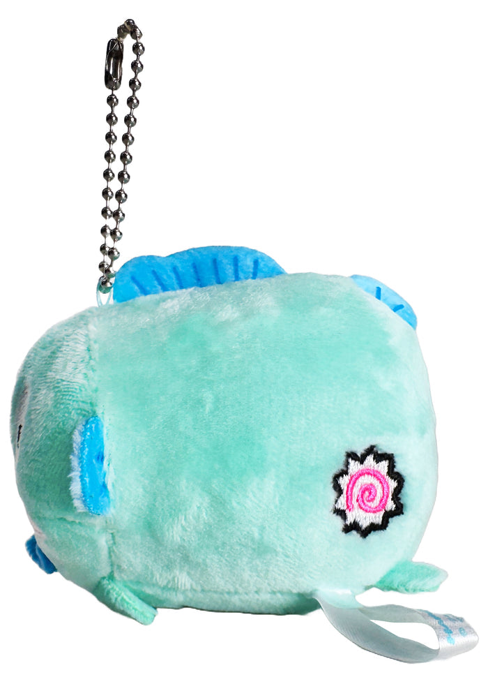 Sanrio Hangyodon Plush Mascot Keychain in blue with chibi Hangyodon plush on soft festival mascot keychain — side view