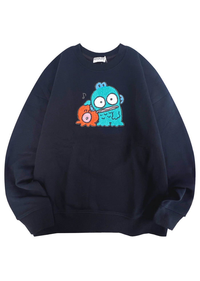 Sanrio Hangyodon Power Play Navy Pullover in navy with Hangyodon graphic on rave festival pullover hoodie — front view
