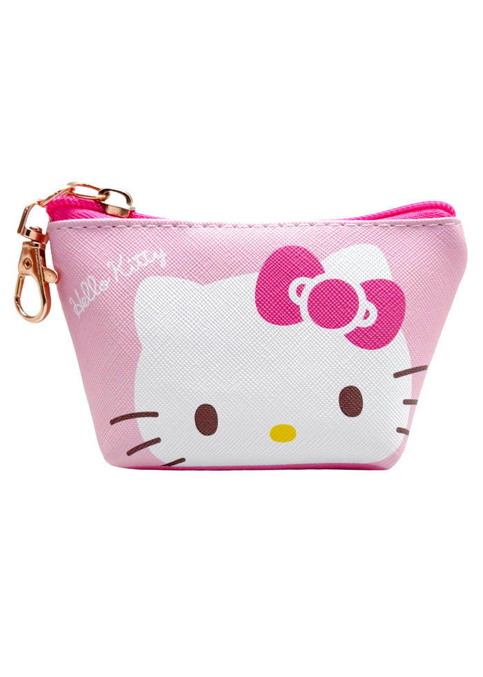 Sanrio Hello Kitty Big Face Mini Coin Pouch in pink with full-front Hello Kitty face on soft plush mini coin pouch — front view
