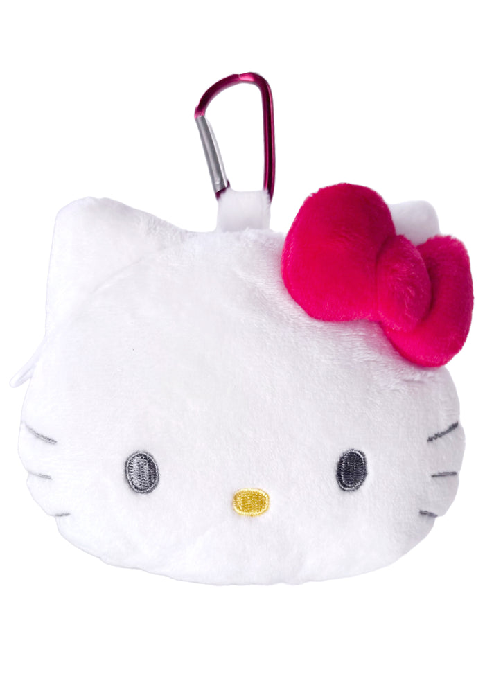 Sanrio Hello Kitty Big Face Plush Mascot Carabiner in white with soft Hello Kitty big face plush on festival carabiner accessory — front view
