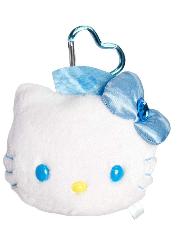 Sanrio Hello Kitty Bow Plush Mascot Carabiner with Mirror in white blue with Hello Kitty bow plush and built-in compact mirror on carabiner — front view