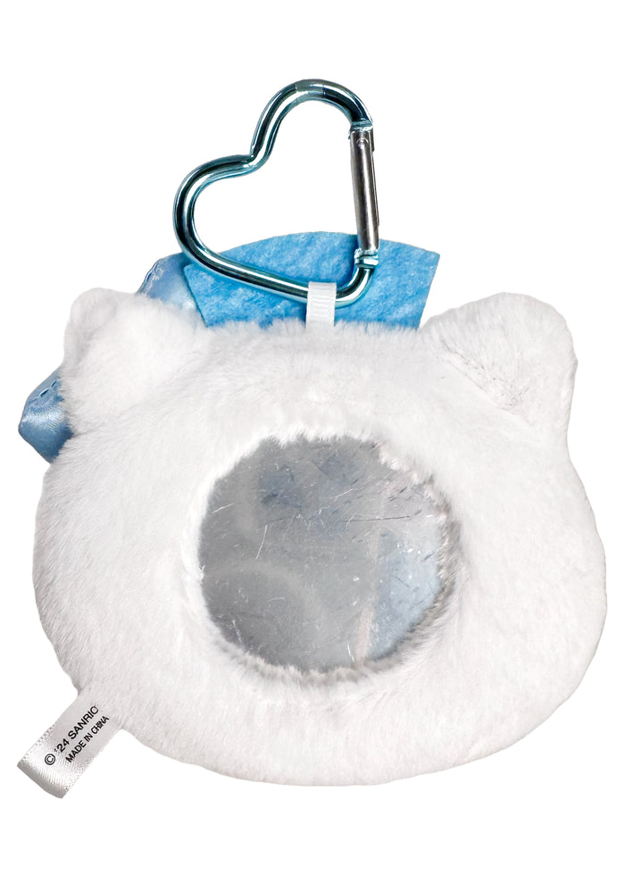 Sanrio Hello Kitty Bow Plush Mascot Carabiner with Mirror in white blue with Hello Kitty bow plush and built-in compact mirror on carabiner — back view