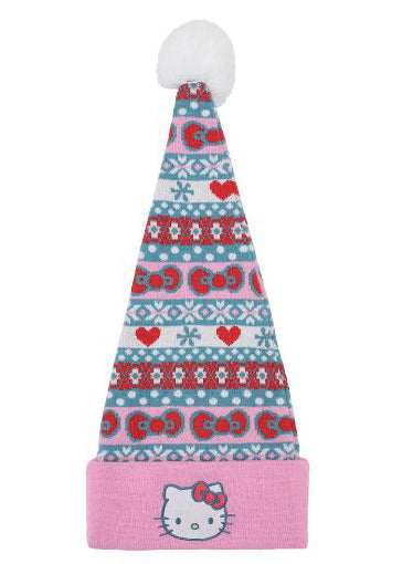 Bioworld Sanrio Hello Kitty Jacquard Santa Hat in multi with Hello Kitty jacquard knit pattern and pom pom accent on kawaii fandom rave festival holiday hat — front view