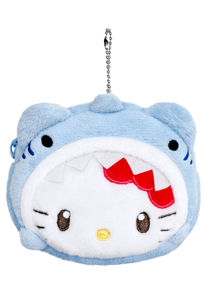 Sanrio Hello Kitty Jaws Cosplay Plush Coin Bag in blue with Hello Kitty in Jaws shark costume on plush coin bag — front view